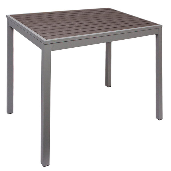 A BFM Seating square metal table with a gray synthetic teak top.