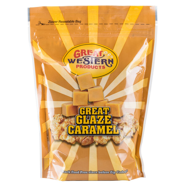 A package of Great Western caramel popcorn glaze with a yellow and black label.