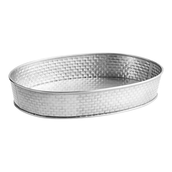 A silver oval stainless steel platter with a woven pattern.
