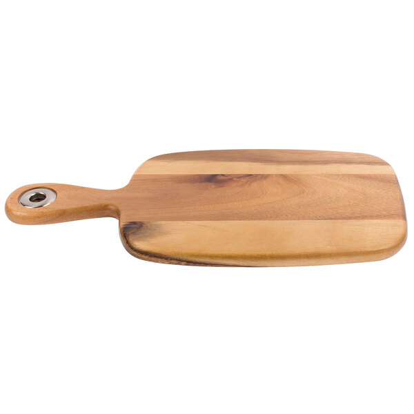 A Tablecraft acacia wood bread board with a handle.
