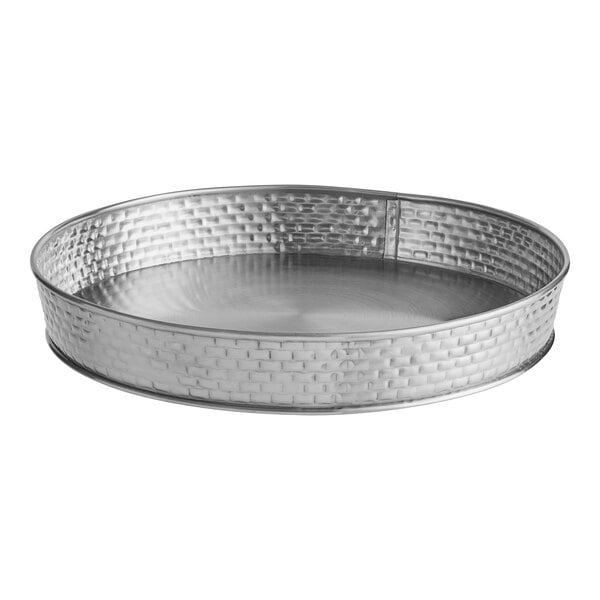 A Tablecraft stainless steel round platter with a woven pattern on the surface.