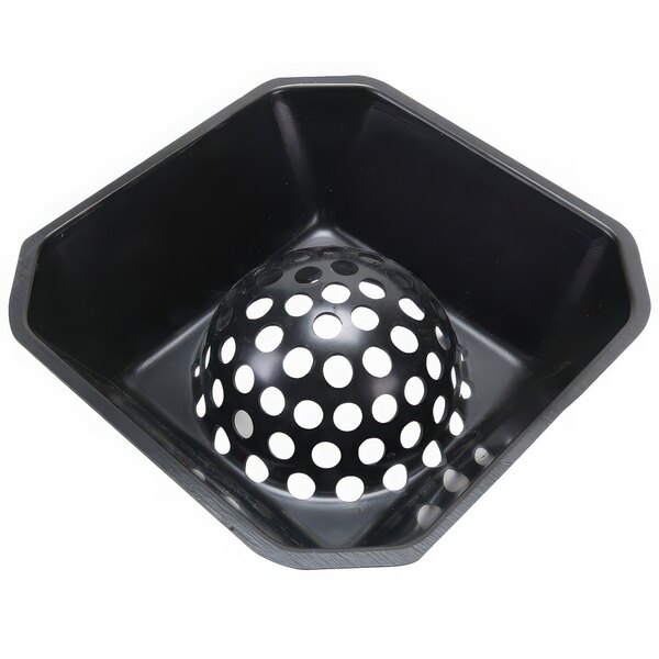 A black plastic square strainer with white dots.