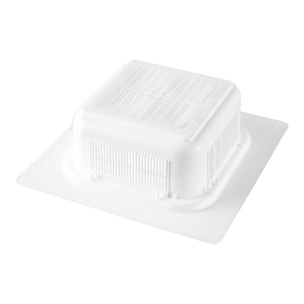 A white, square-shaped plastic floor sink strainer with vented sides and a flat base.