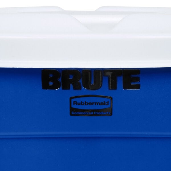 A blue Rubbermaid BRUTE recycling can with a white lid.