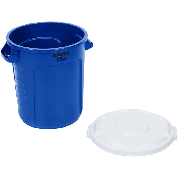 A blue Rubbermaid BRUTE recycling can with a white lid.