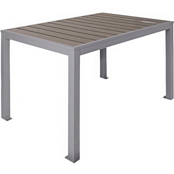 A BFM Seating standard height table with a gray synthetic teak top.