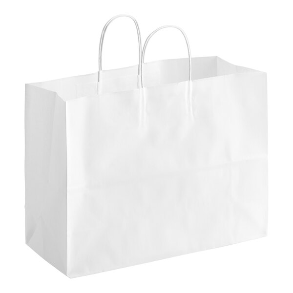 A close-up of a white Duro paper shopping bag with handles.