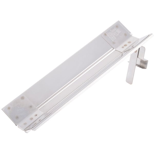 A white rectangular metal egg separator with metal corners and a clip.