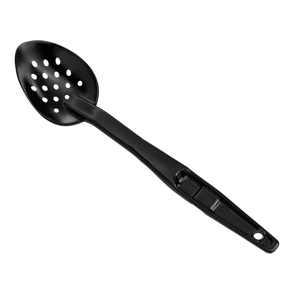 A black plastic spoon with holes.