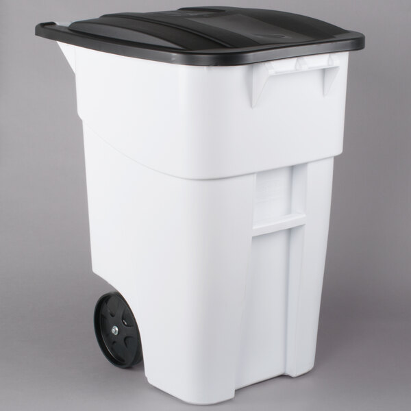 A white Rubbermaid rectangular trash can with black wheels and lid.