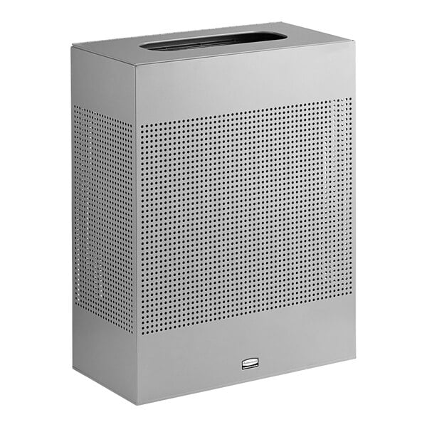 A white rectangular Rubbermaid waste receptacle with holes in it.