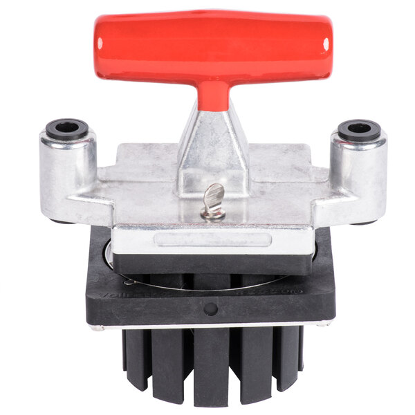 A red handle on a black and silver Vollrath Redco Wedge Pusher.