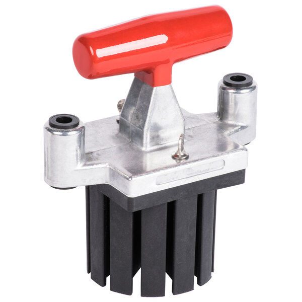 a red handle on a metal object