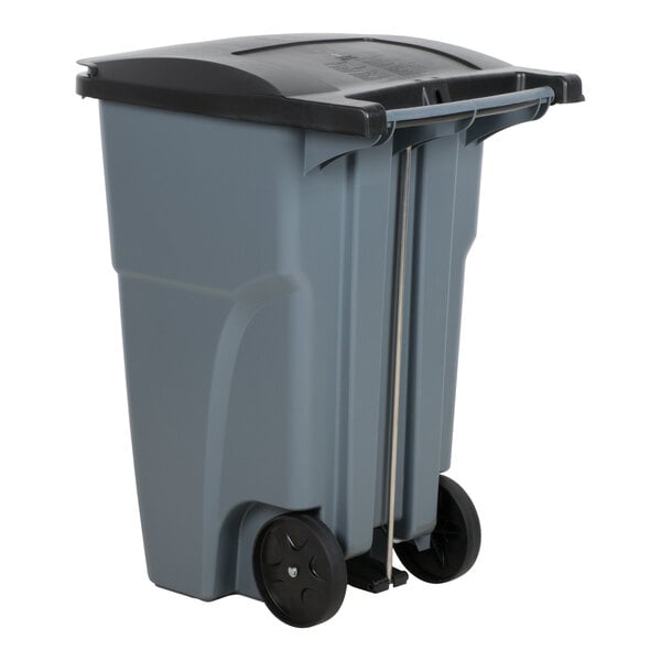 A grey Rubbermaid commercial trash can with black wheels.