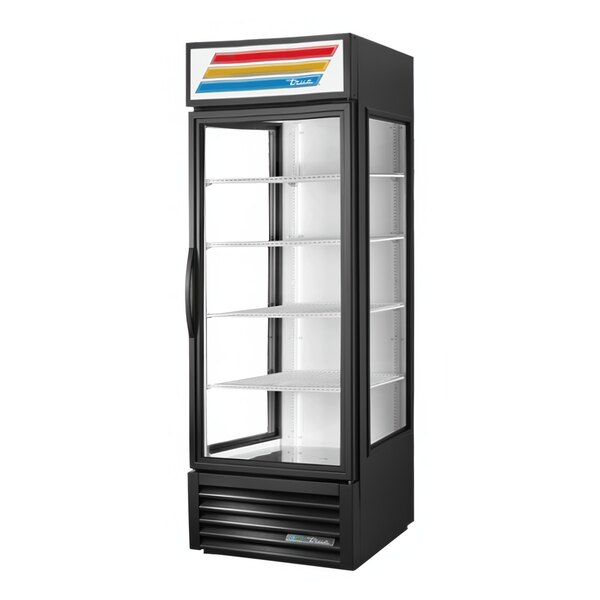 A black True refrigerated glass door merchandiser.