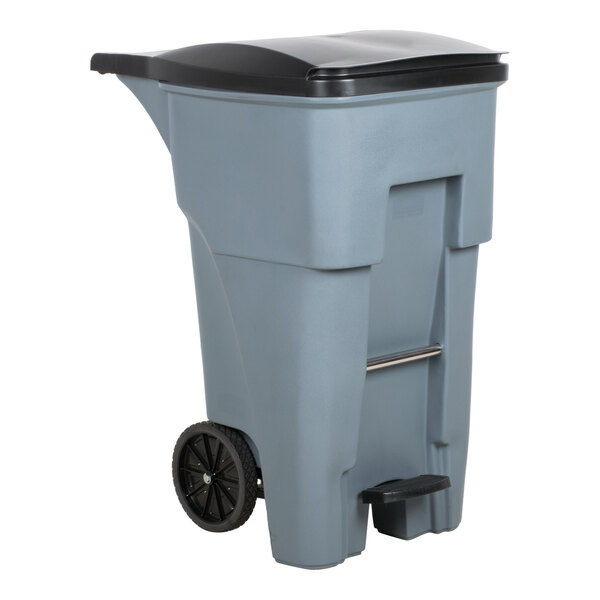 A grey Rubbermaid trash can with black lid and wheels.