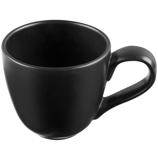 a black coffee cup with a handle