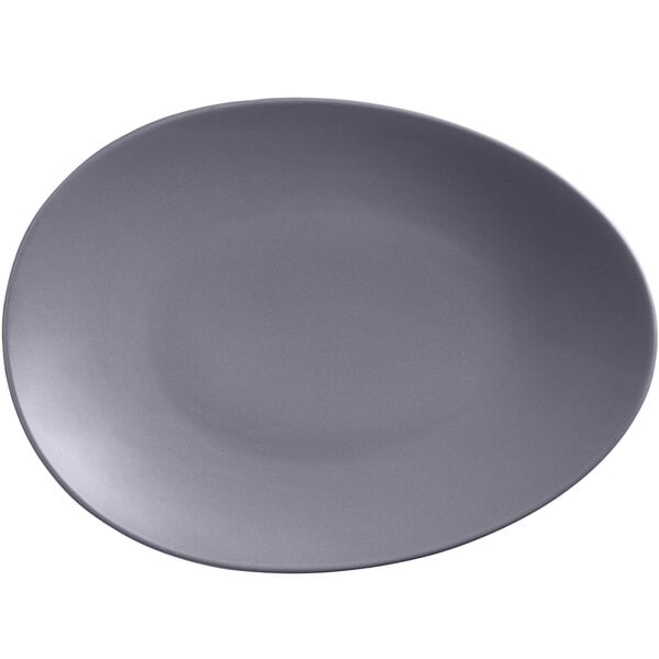 A close-up of a grey Libbey Driftstone organic porcelain coupe plate on a white background.