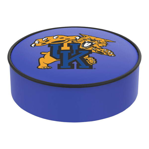 A blue round University of Kentucky bar stool seat cover with a wildcat logo.