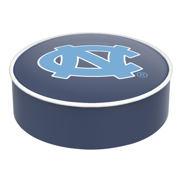 A blue round University of North Carolina bar stool seat cover with a white UNC logo.