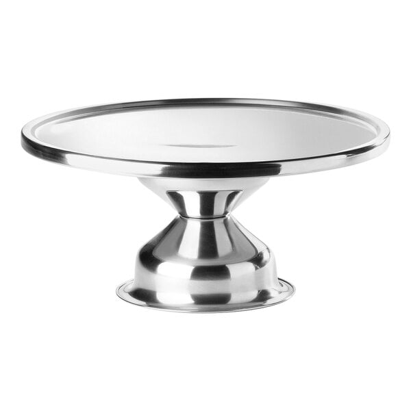 A stainless steel cake stand with a wide, flat top and a sturdy pedestal base.