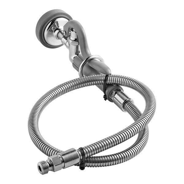 A T&S pre-rinse spray valve with a flexible stainless steel hose and a shower head.