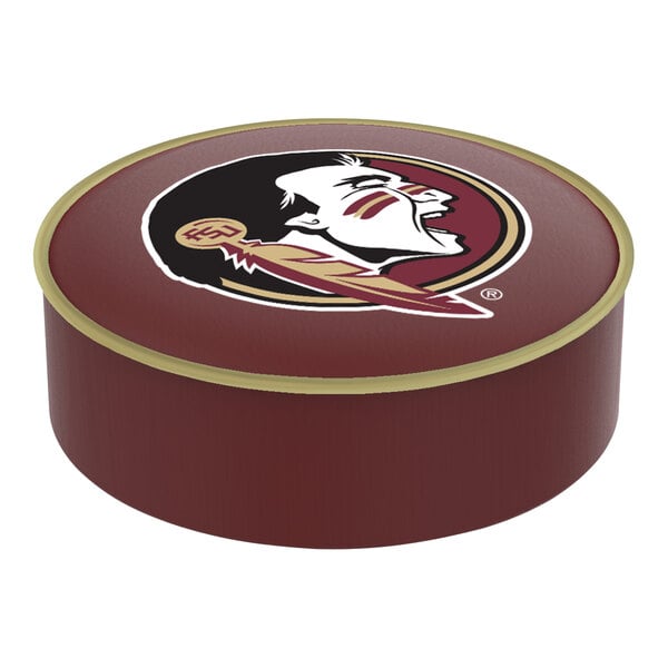 A round red Florida State Seminoles bar stool seat cover with a logo.