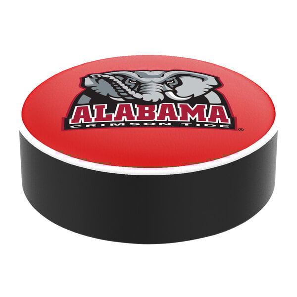A red and black vinyl bar stool seat cover with the University of Alabama logo.