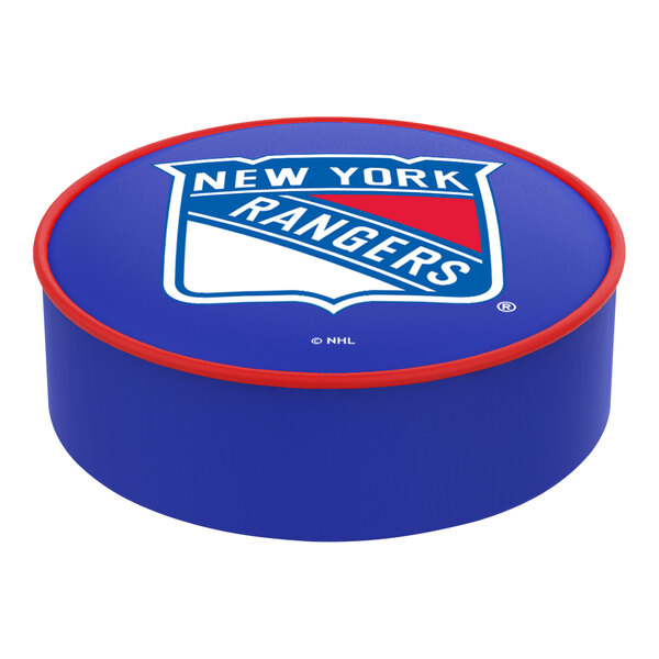 A blue and red round New York Rangers vinyl bar stool seat cover with a logo.
