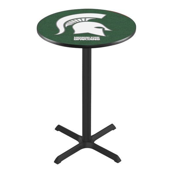 A Holland Bar Stool Michigan State University pub table with a green surface and a white Spartans logo on it.