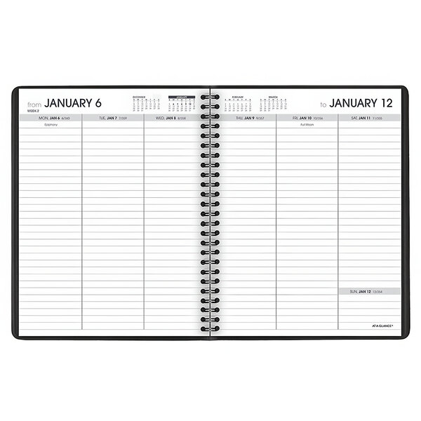 A spiral bound black At-A-Glance weekly planner.