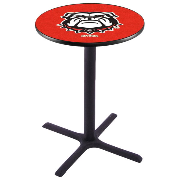 A black round table with a University of Georgia bulldog logo on it.