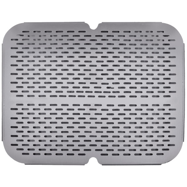 A metal rectangular strainer plate with holes.