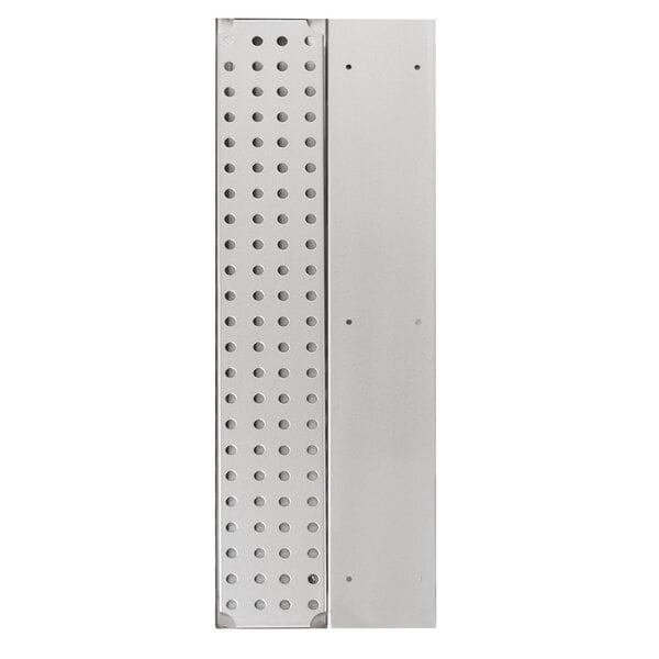 A white rectangular stainless steel bar drink rail with holes in it.