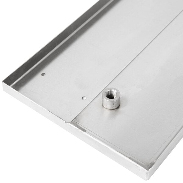 A stainless steel Advance Tabco bar drink rail with a screw on the side.