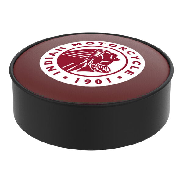 A round black and red bar stool seat cover with an Indian Motorcycle logo.