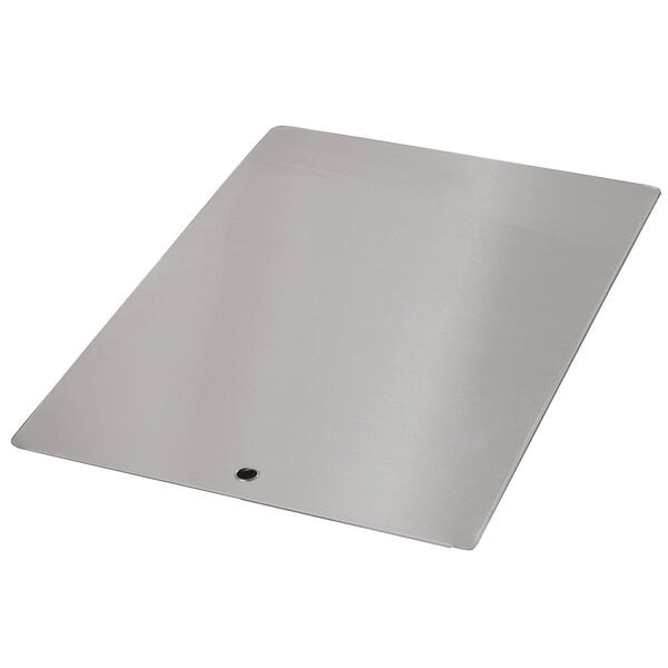 An Advance Tabco stainless steel sink cover with a rectangular hole.