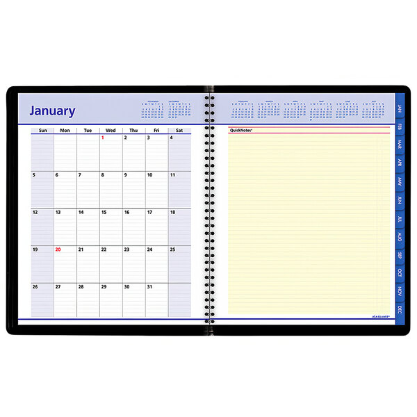 A spiral bound black and white At-A-Glance QuickNotes weekly/monthly calendar with blue accents.