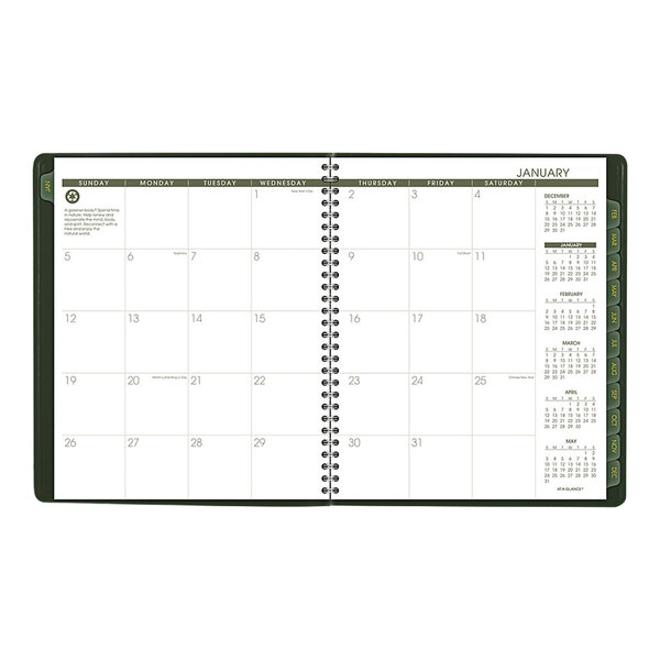 A white and green At-A-Glance monthly planner with calendar pages and numbers in black.