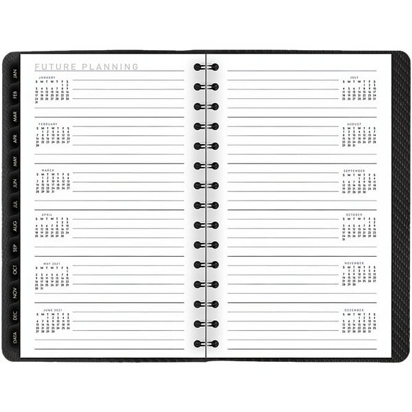 A spiral bound At-A-Glance planner with a black cover and white calendar pages.