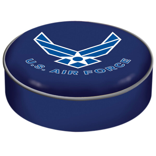 A blue round seat cover with a United States Air Force logo.
