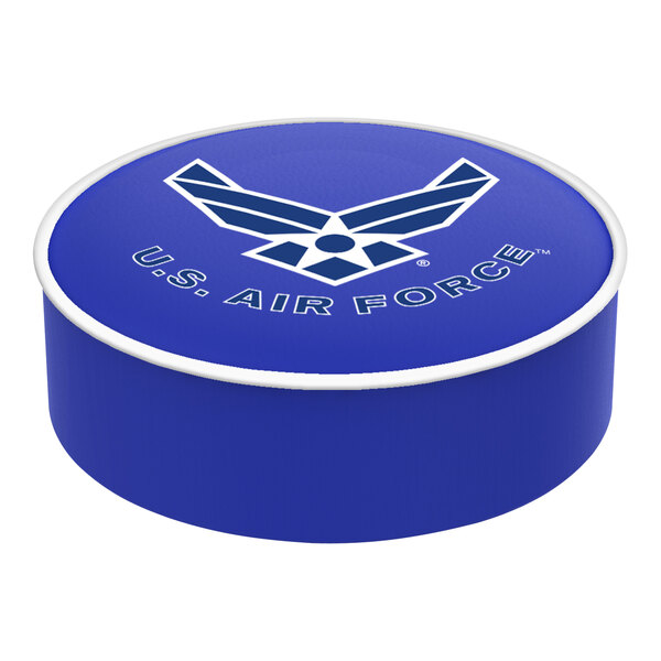 A blue round vinyl bar stool seat cover with a United States Air Force logo.