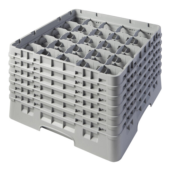 A grey plastic Cambro glass rack with 25 compartments and 6 extenders.