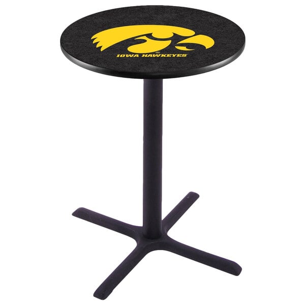 A round black Holland Bar Stool pub table with the University of Iowa Hawkeyes logo on it.