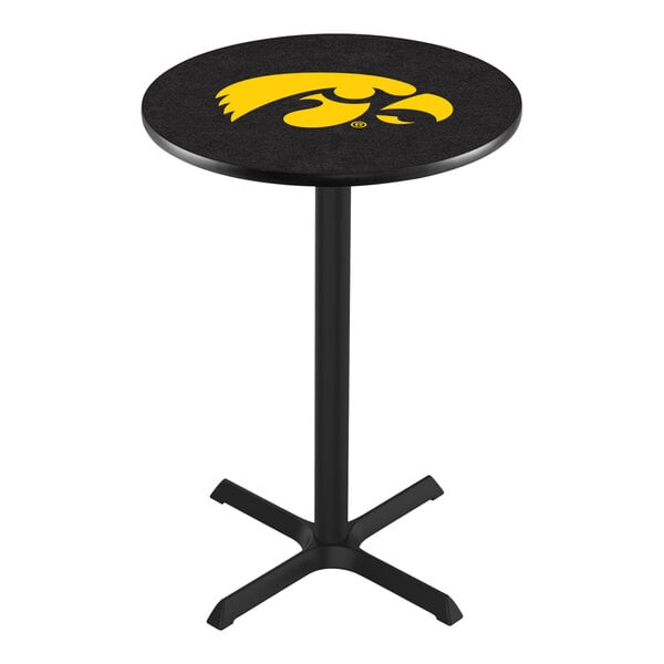 A round counter height pub table with a black top featuring the University of Iowa logo and a black pedestal base.