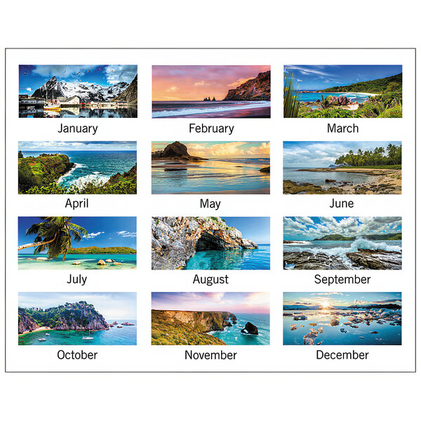 An At-A-Glance seascape desk calendar with pictures of different landscapes.
