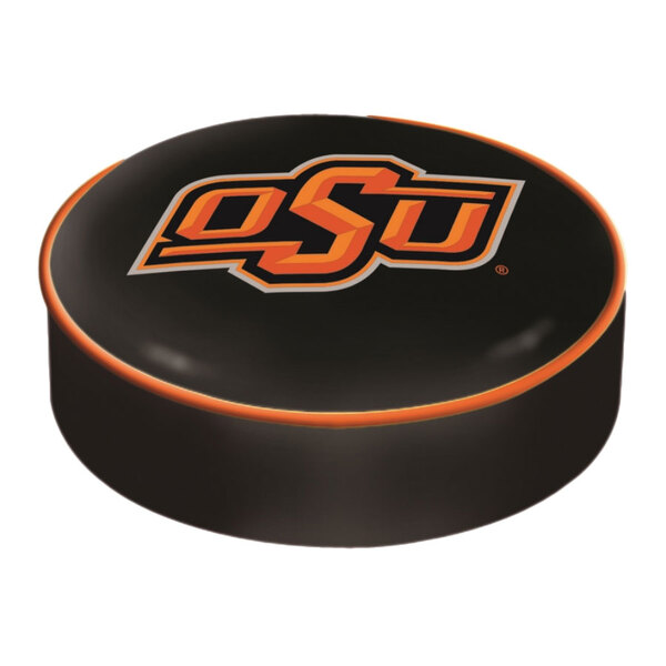 An orange and black bar stool seat cover with the Oklahoma State Cowboys logo.
