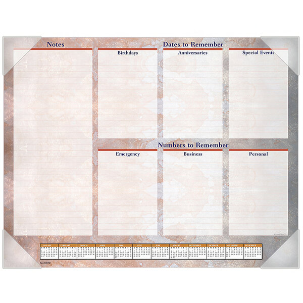 An At-A-Glance desk pad calendar with a marble burgundy border and monthly calendar pages.