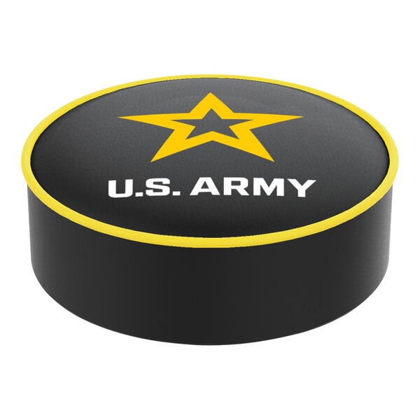 A black round bar stool seat cover with a yellow star and white United States Army text.