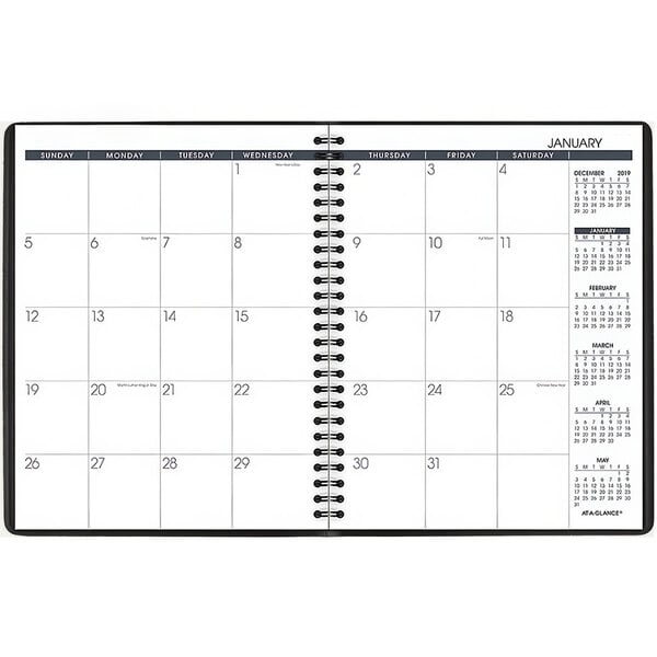 A black At-A-Glance monthly planner calendar page with white numbers and letters on a spiral-bound edge.